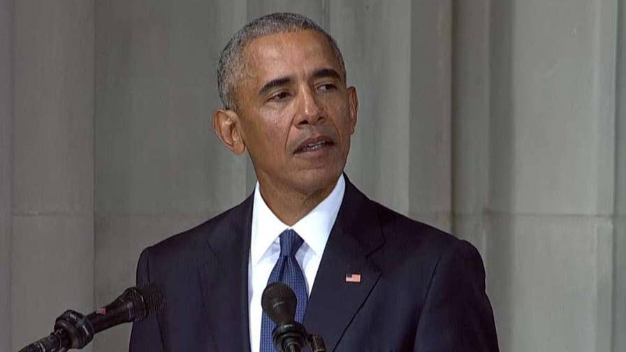 Former President Barack Obama speaks at the funeral service for Sen. John McCain at Washington National Cathedral in Washington, D.C.