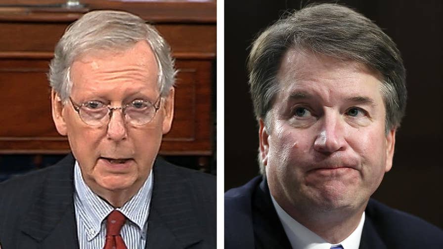 Senate Majority Leader Mitch McConnell accuses Senate Democrats of trying to destroy Supreme Court nominee Brett Kavanaugh's reputation with decades-old allegations, pledges to give Kavanaugh an up-or-down vote on the Senate floor.