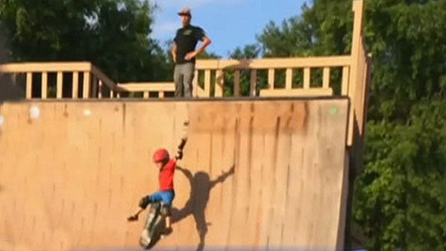 Dad caught kicking kid down half-pipe to teach skateboarding