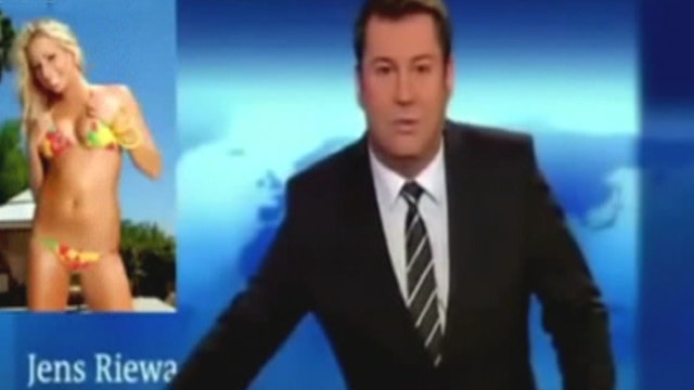 Newscaster caught on air looking at bikini clad women 