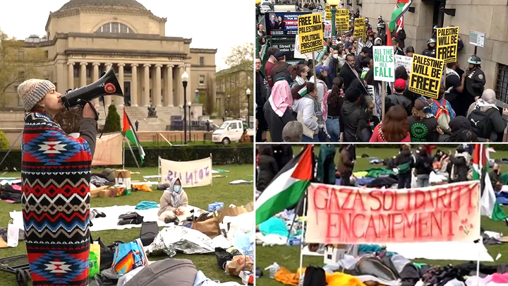 Wild anti-Israel agitators descend on Columbia University lawn vowing to 'hold this line'