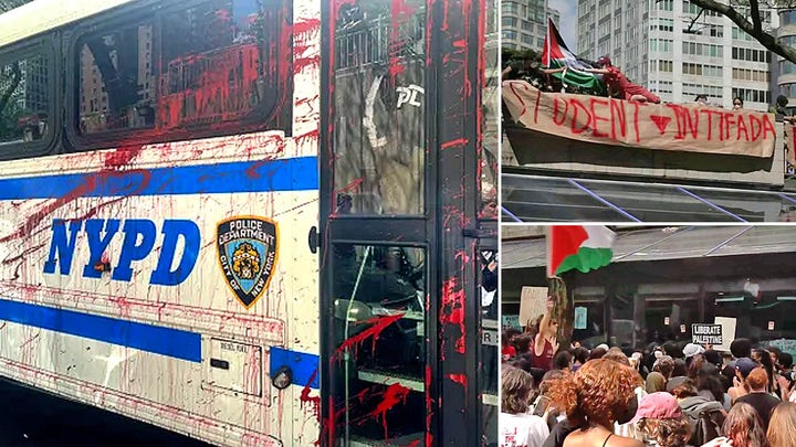Fordham tells anti-Israel mob they're banned from campus as NYPD bus is splattered with red paint