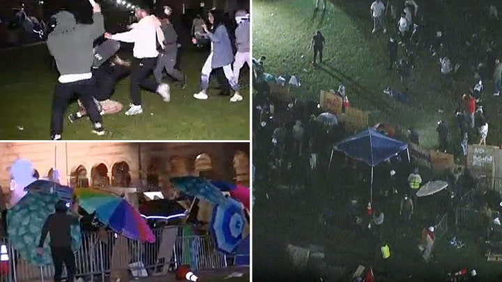 Violence breaks out at college encampment as fireworks, objects thrown