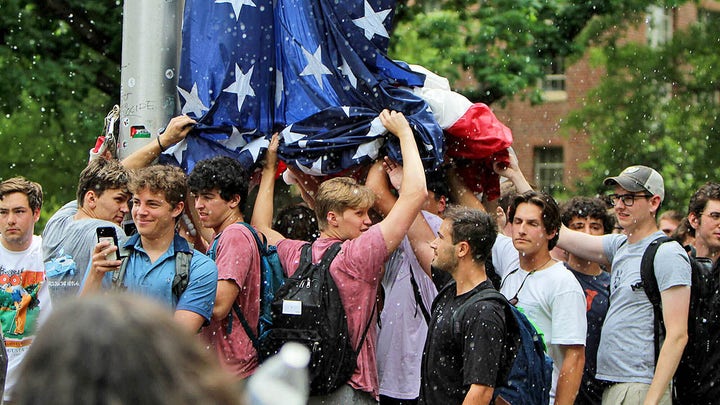 Biden admin weighs in on frat brothers protecting American flag from anti-Israel mob