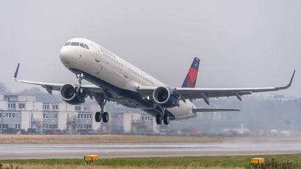 A Delta Air Lines Airbus A321 takes off.