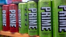 Various flavors of the energy drink Prime for sale in a shop window on 9th March 2023 in London, United Kingdom.