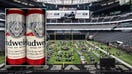 A Budweiser can with an image of the 2024 Super Bowl stadium.