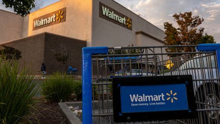 A shopping cart outside a Walmart store in Richmond, California, U.S., on Sunday, Aug. 13, 2023. 