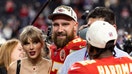 LAS VEGAS, NEVADA - FEBRUARY 11: Travis Kelce #87 of the Kansas City Chiefs and Taylor Swift react as they see Mecole Hardman Jr. #12 of the Kansas City Chiefs following the NFL Super Bowl 58 football game between the San Francisco 49ers and the Kansas City Chiefs at Allegiant Stadium on February 11, 2024 in Las Vegas, Nevada. (Photo by Michael Owens/Getty Images)
