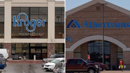 A split image of Kroger and Albertsons storefronts.