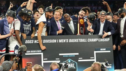 The Connecticut Huskies celebrates winning the NCAA Mens Basketball Tournament Final Four championship game against the San Diego State Aztecs at NRG Stadium on April 03, 2023 in Houston, Texas. 