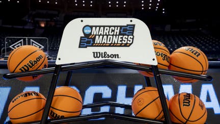 The March Madness logo is pictured on the Wilson basketball rack before the game between the Ole Miss Rebels and the Notre Dame Fighting Irish in the second round of the NCAA Division I Womens Championship on March 25, 2024 at Purcell Pavilion in South Bend, Indiana. 