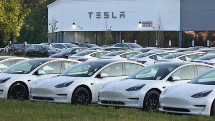 New Tesla electric vehicles fill the car lot at the Tesla retail location on Route 347 in Smithtown, New York, on July 5, 2023.