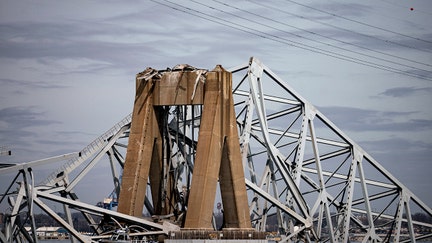 The Francis Scott Key Bridge following a collapse into the Patapsco River in Baltimore, Maryland, US, on Tuesday, March 26, 2024. The commuter bridge collapsed after being struck by a container ship, causing vehicles to plunge into the water and halting shipping traffic at one of the most important ports on the US East Coast. Photographer: Al Drago/Bloomberg via Getty Images