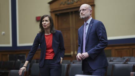 WASHINGTON, DC - MARCH 31: Jessica Rosenworcel (L), Chairwoman of the Federal Communications Commission (FCC) and FCC Commissioner Brendan Carr arrives to testify during a House Energy and Commerce Committee Subcommittee hearing on March 31, 2022 in Washington, DC. The subcommittee held a hearing on oversight of the FCC. 