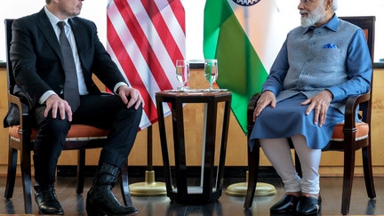 Indian Prime Minister Narendra Modi (R) meets with Elon Musk (L) in New York, United States on June 20, 2023. 