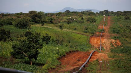 A section of the Kingfisher Feeder Pipeline, part of the East African Crude Oil Pipeline (EACOP), in Kikuube, Uganda, on Tuesday, Oct. 24, 2023. The $4 billion EACOP infrastructure will transport 16,000 barrels of oil a day from Western Uganda to Tanzania's Tanga port on the Indian Ocean coast. 