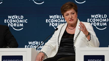Managing Director of the International Monetary Fund IMF Kristalina Georgieva speaks at the opening of the special meeting of the World Economic Forum WEF in Riyadh, Saudi Arabia, on April 28, 2024. A special meeting of the WEF themed around global collaboration, growth and energy for development ended its first leg of a two-day discussion on Sunday in the Saudi capital of Riyadh. 