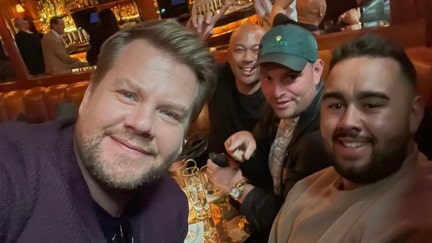 Nicky DiMaggio pictured with comedian James Corden at The Polo Bar in New York City.