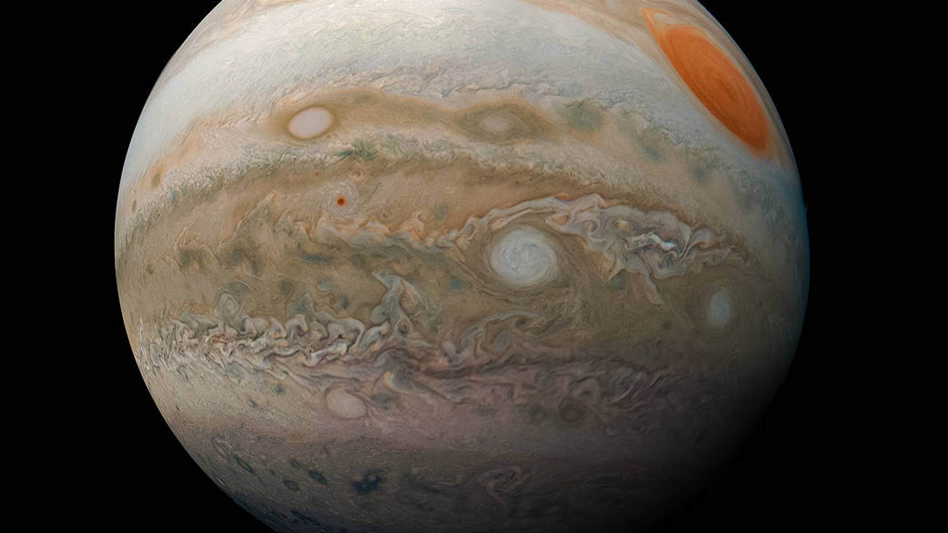 The image shows Jupiter's Great Red Spot and storms in the gas giant's southern hemisphere. (NASA/JPL-Caltech/SwRI/MSSS/Kevin M. Gill)