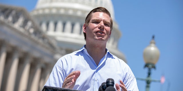 U.S. Rep. Eric Swalwell, D-Calif., speaks to reporters outside the U.S. Capitol in Washington, July 10, 2018. (Getty Images)