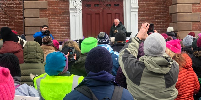 Democratic presidential candidate Sen. Bernie Sanders of Vermont speaks to the crowd ahead of a Portsmouth Women's March in Portsmouth, NH on Jan. 18, 2020