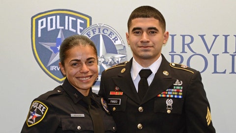 Police officer bursts into tears when military son surprises her at swearing-in ceremony