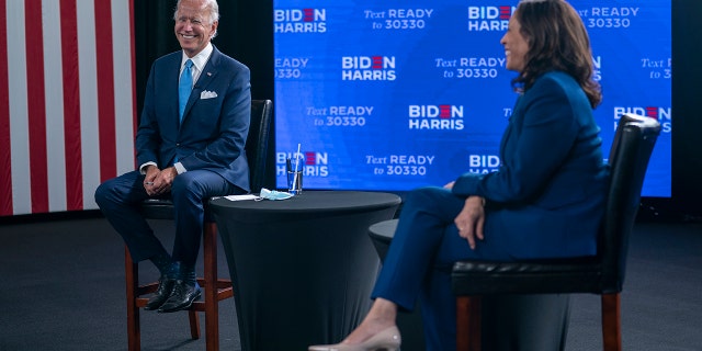 Democratic presidential candidate former Vice President Joe Biden and his running mate Sen. Kamala Harris, D-Calif., participate in a virtual grassroots fundraiser at the Hotel DuPont in Wilmington, Del., Wednesday, Aug. 12, 2020.