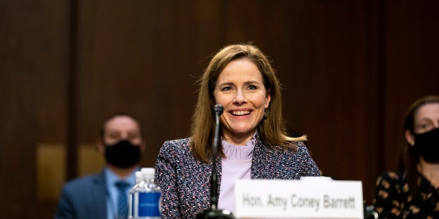 Supreme Court nominee Amy Coney Barrett testifies during the third day of her confirmation hearings before the Senate Judiciary Committee on Capitol Hill in Washington, Wednesday, Oct. 14, 2020. (Anna Moneymaker/The New York Times via AP, Pool)