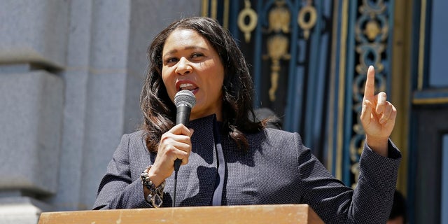 <br>
San Francisco Mayor London Breed speaks outside City Hall in San Francisco on June 1, 2020. (Associated Press)