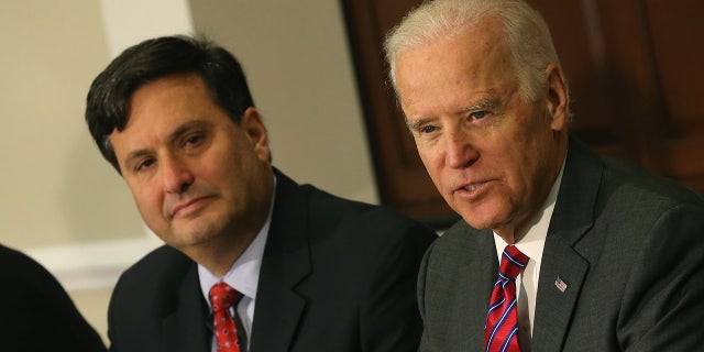 Then-Vice President Joseph Biden (R) joined by Ebola Response Coordinator Ron Klain (L), speaks during a meeting regarding Ebola at the Eisenhower Executive office building November 13, 2014 in Washington, D.C. (Photo by Mark Wilson/Getty Images)