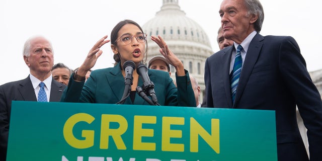 Rep. Alexandria Ocasio-Cortez, D-N.Y., and Sen. Ed Markey, D-Mass., during a press conference to announce Green New Deal legislation to promote clean energy programs outside the U.S. Capitol in Washington, D.C., Feb. 7, 2019. (SAUL LOEB/AFP via Getty Images)