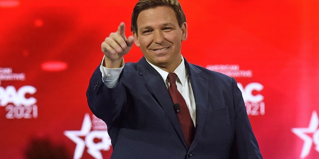 Florida Gov. Ron DeSantis gestures after addressing attendees at the 2021 Conservative Political Action Conference. (Photo by Paul Hennessy / SOPA Images/Sipa USA)No Use Germany.