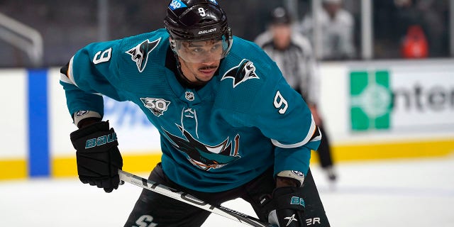 NHL 2021-22 Pacific Division preview: Seattle Kraken to choose identity in inaugural season 7 FILE - In this Wednesday, March 24, 2021 file photo, San Jose Sharks left wing Evander Kane (9) watches during an NHL hockey game against the Los Angeles Kings in San Jose, Calif. The NHL found no evidence that San Jose Sharks forward Evander Kane bet on NHL games or tried to throw games after investigating allegations made by his estranged wife. The NHL released the findings of that investigation, Wednesday, Sept. 22, 2021. (AP Photo/Jeff Chiu, File)
