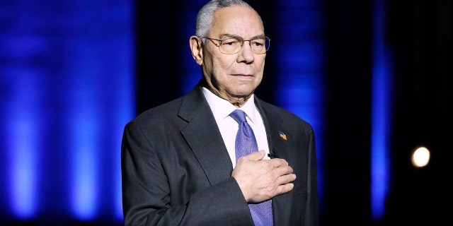 Retired Army General Colin Powell can be seen on stage during a capital concert "National Memorial Day Concert" May 28, 2021, in Washington, DC.