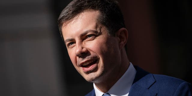 Secretary of Transportation Pete Buttigieg speaks during an event to discuss investments in the U.S. electric vehicle charging network, outside Department of Transportation headquarters on February 10, 2022, in Washington, D.C.