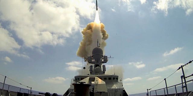In this frame grab provided by Russian Defense Ministry press service, a long-range Kalibr cruise missile is launched by a Russian Navy ship in the eastern Mediterranean, Friday, Aug. 19, 2016. The Russian invasion of Ukraine is the largest conflict that Europe has seen since World War II, with Russia conducting a multi-pronged offensive across the country. The Russian military has pummeled wide areas in Ukraine with air strikes and has conducted massive rocket and artillery bombardment resulting in massive casualties. (Russian Defense Ministry Press Service photo via AP, File)