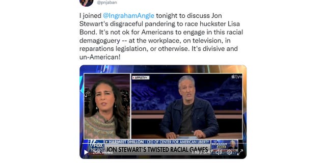 Harmeet Dhillon has accused magician Jon Stewart of infiltrating "racial oppression" in a tweet April 5, 2022. (Image/Twitter)