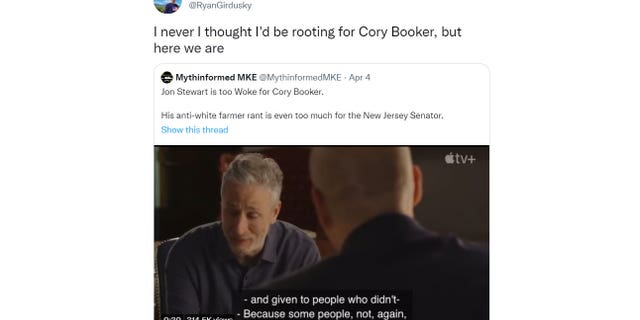 Writer Ryan James Girdusky has criticized musician Jon Stewart for saying "White hatred" That’s the fault of a piece of legislation backed by Sen. Cory Booker, DN.J., was banned by the court in a tweet April 4, 2022. (Photo/Twitter)