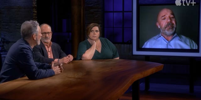 Andrew Sullivan et al "The problem with Jon Stewart," with Lisa Bond, Charles Gallagher and Jon Stewart in March 2022. (Screenshot/Apple TV+)