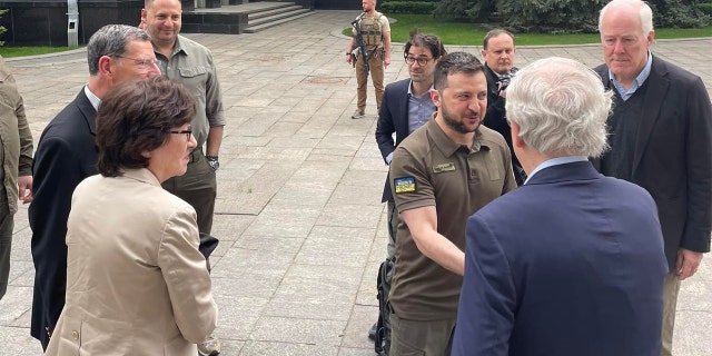 Senate Minority Leader Mitch McConnell, R-Ky., meets President Zelenskyy in Ukraine. Pictures were posted to Facebook on May 14, 2022, by Andrij Sybiha, a member of President Zelenskyy’s administration.