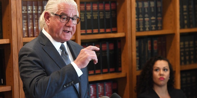Kathryn Mayorga’s lawyer, Leslie Mark Stovall, is speaking during a conference on October 3, 2018, in Las Vegas, about the sexual harassment of Portuguese football star Cristiano Ronaldo.