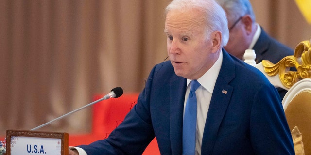 President Biden speaks during the Association of Southeast Asian Nations (ASEAN) summit, Saturday, Nov. 12, 2022, in Phnom Penh, Cambodia.