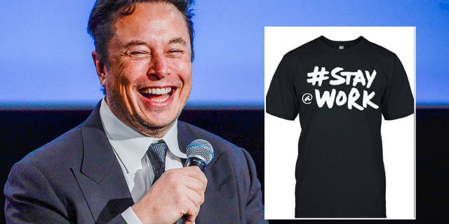 A split photo of Tesla CEO Elon Musk at the Offshore Northern Seas 2022 (ONS) meeting in Stavanger, Norway on August 29, 2022 and a t-shirt he posted to Twitter that reads "Stay at work" on Nov. 24, 2022.