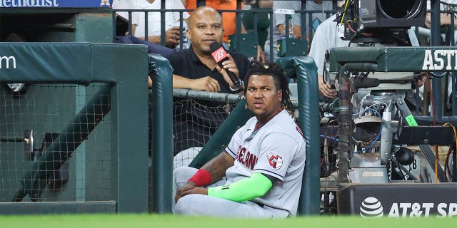 Jose Ramirez watches from the dugout