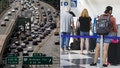 Vehicles clog a highway in New York City, while passengers wait in line at a Chicago airport. - Fox News