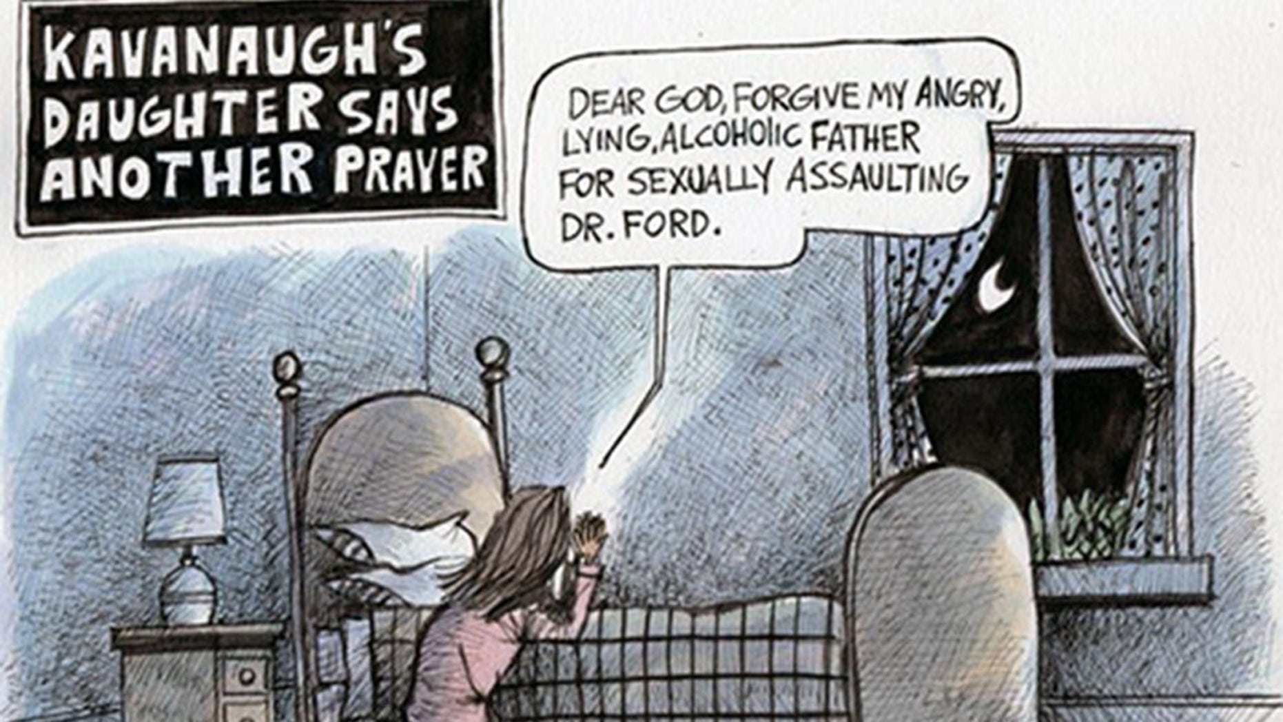 A controversial cartoon depicts Brett Kavanaugh's daughter, Liza, saying her prayers.