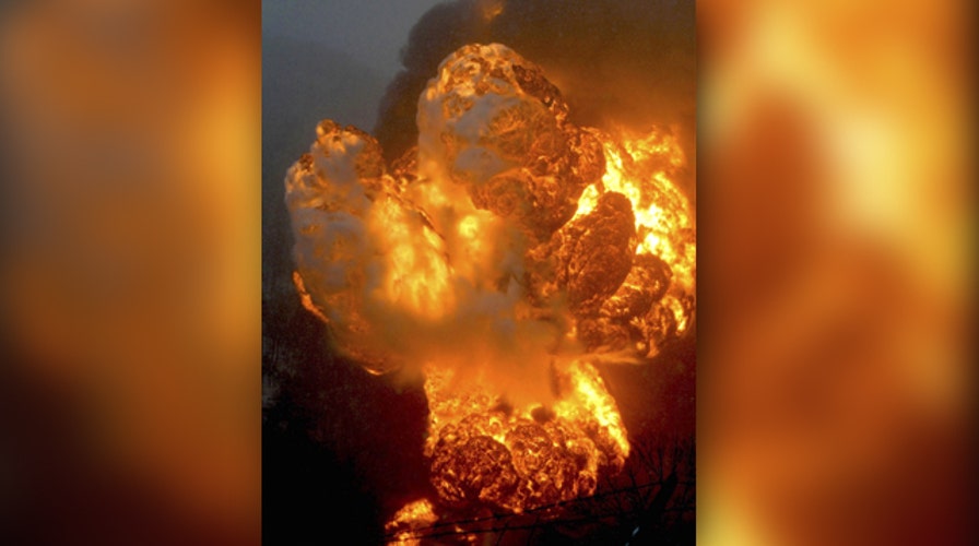 Massive fireball after train carrying oil derails, explodes