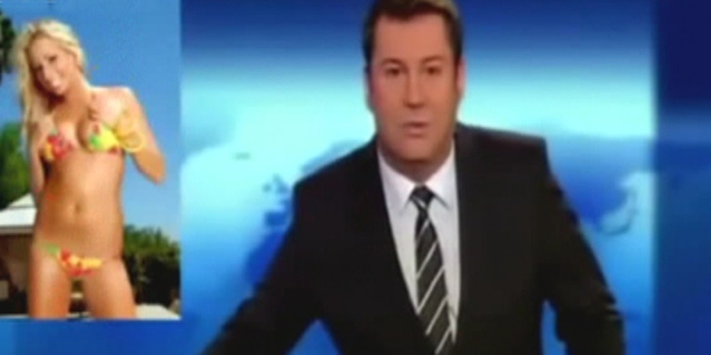 Newscaster caught on air looking at bikini clad women