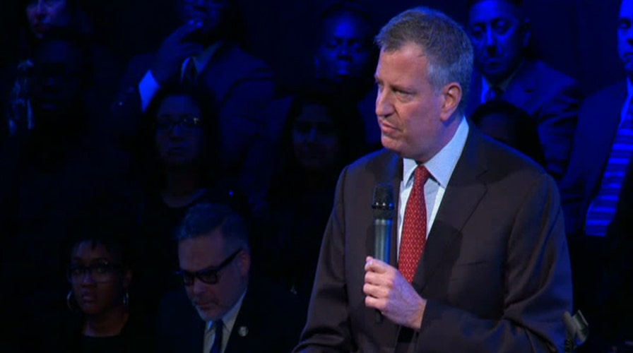 Mayor de Blasio speaks at the funeral for Rafael Ramos